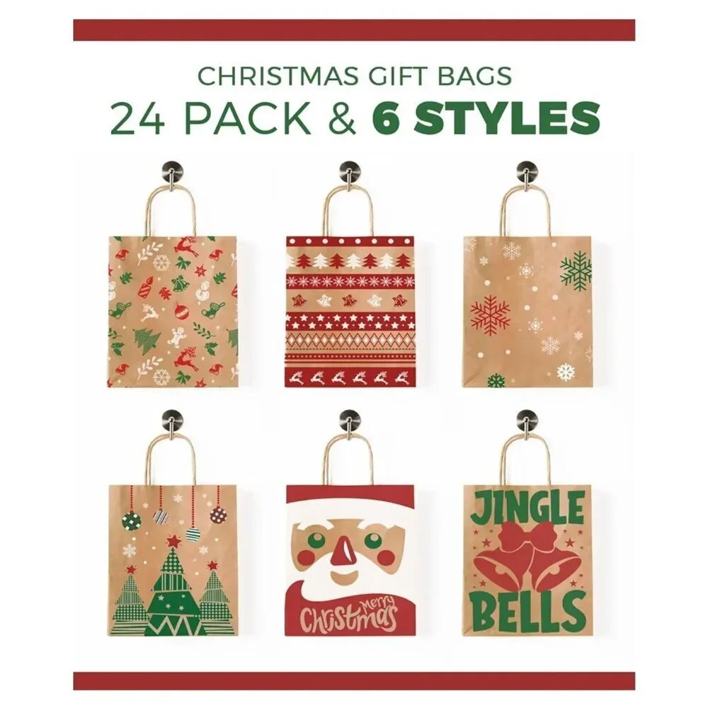 24 Pack Christmas Gift Bags With Handles Kraft Paper 6 Holiday Designs